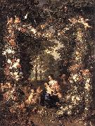 Jan Brueghel The Elder Heilige Familie in einem Blumen und Fruchtekranz